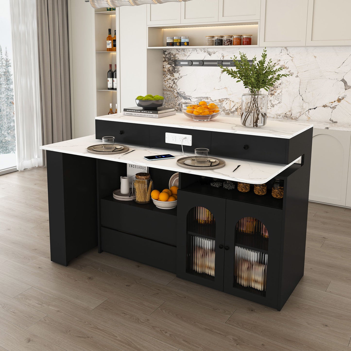Kitchen Island With Extendable Rotating Table, 4 Drawers & Glass Door Cabinets, Built In Socket - Black