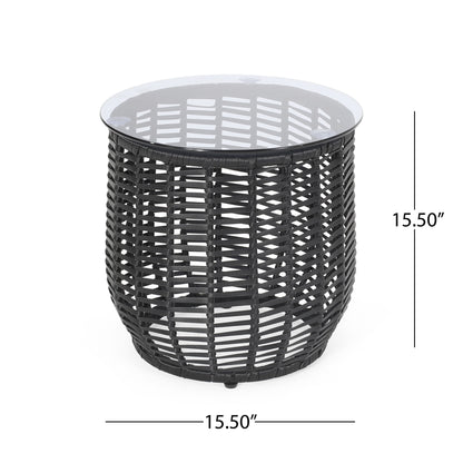 Boho Arias - Side Table With Tempered Glass Top And Rattan Wrap