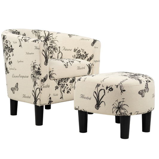 Accent Chair With Matching Ottoman Upholstered Round Backrest, Seating Set - Off White / White