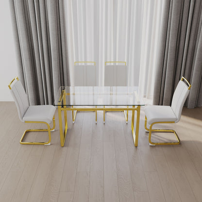 Modern Glass Dining Table Set For 4 With Golden Plating Legs And Chairs - Transparent