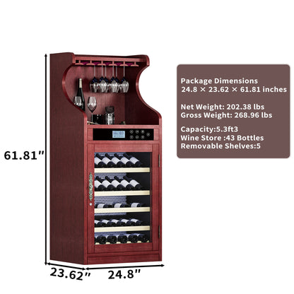 Wine Cooler Cabinet With Touch Control, 43 Bottle Capacity, Humidity & Temperature Regulation - Cherry