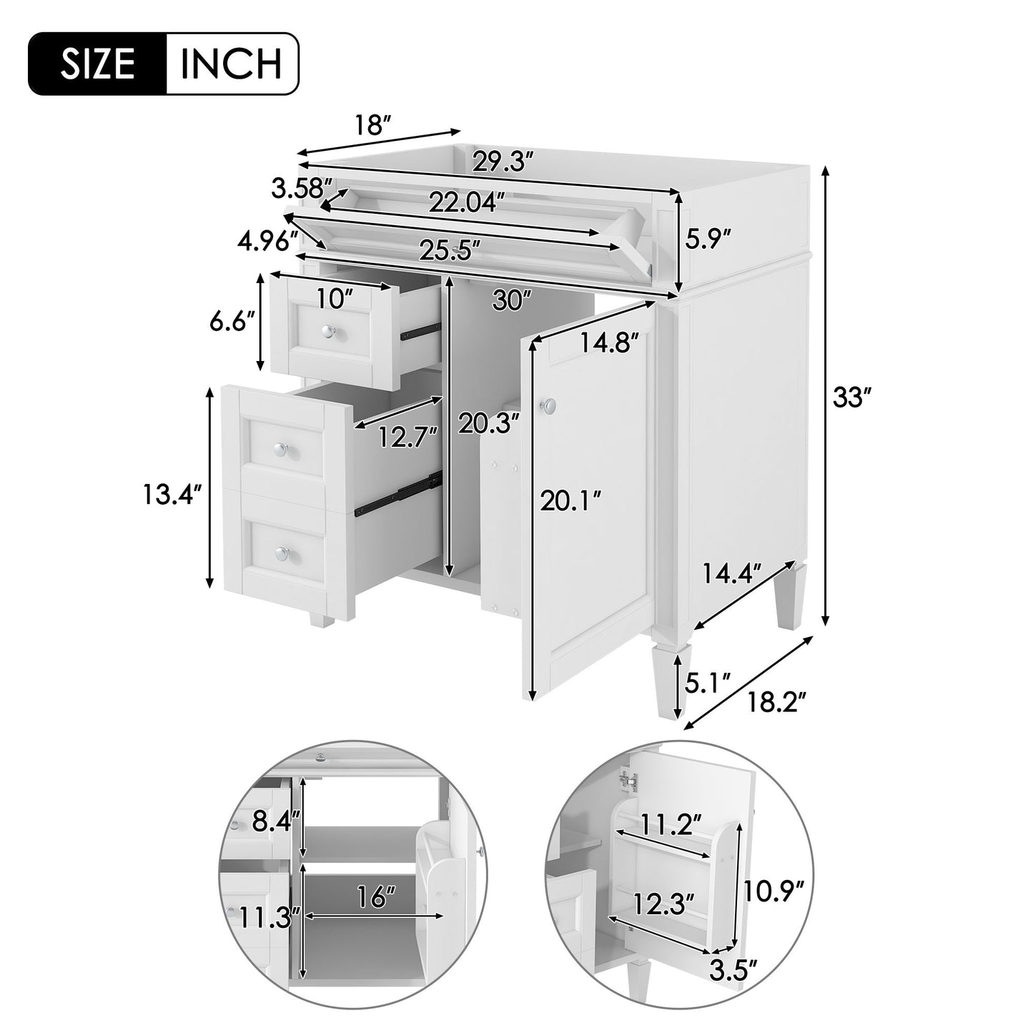 Bathroom Vanity With 2 Drawers And Tip-Out Drawer, Storage Cabinet