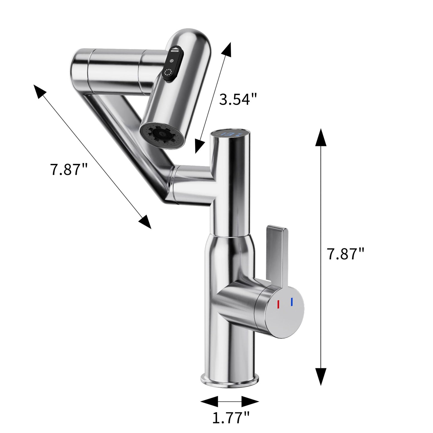 Bathroom Sink Faucet With Spray Function And Temperature Display, Anti Skid Switch, 360 Degree Rotary