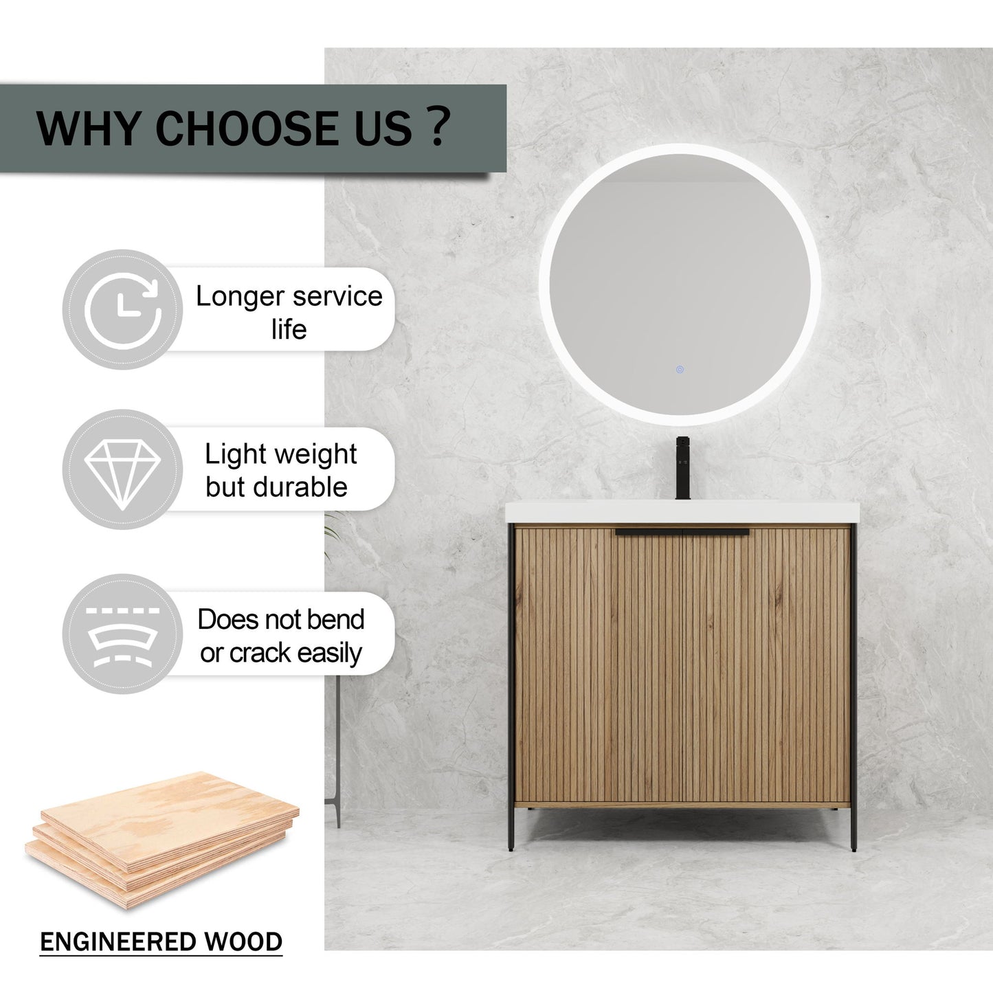 Modern Freestanding Bathroom Vanity With Resin Sink & Soft Close Cabinet Doors