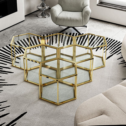 Modern Coffee Table With Double Layer Tempered Glass And Polygonal Design