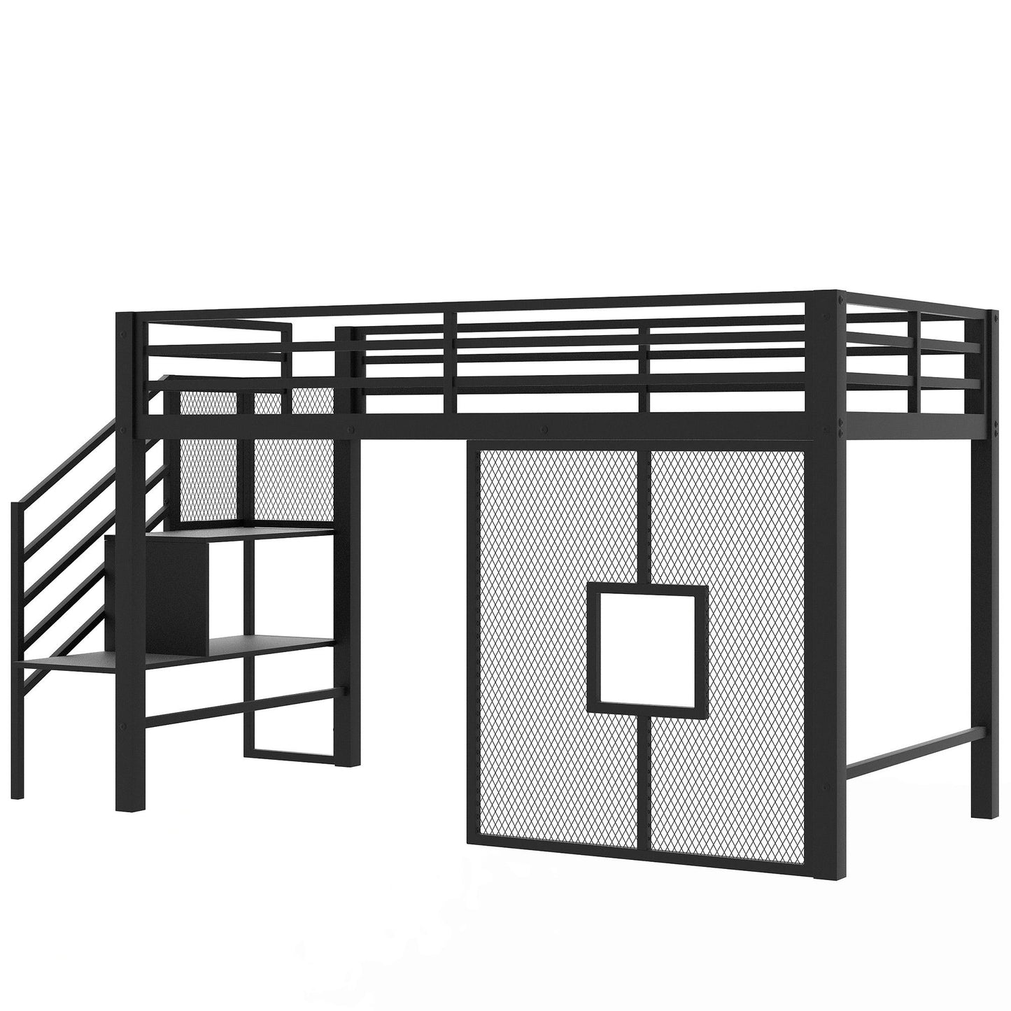 Twin Low Loft Bed Frame With Storage Staircase - Black