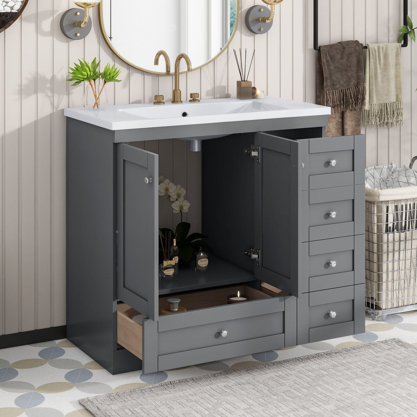 Shaker Free Standing Bathroom Vanity Cabinet With Sink, Soft Close Drawers, Soft Close Doors