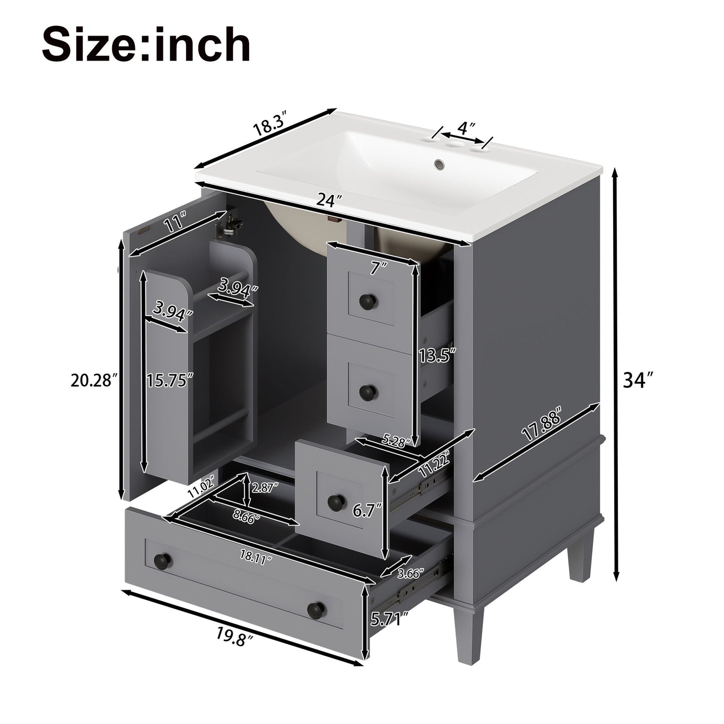 Bathroom Vanity With Integrated Basin, Soft Close Drawers, Door Mounted Double Layer Shelf