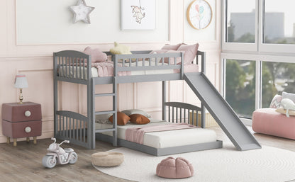 Twin Over Twin Classic Bunk Bed With Slide And Ladder - Gray