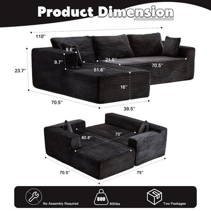 Compression Sectional Couch With Comfy Chaise, Boneless L Shape Sofa With Deep Seat