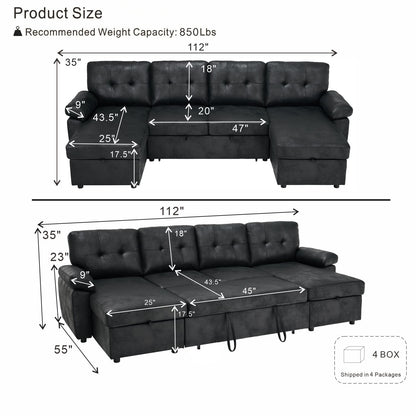 Convertible Sectional Sofa Bed With Pull Out Sleeper And Storage