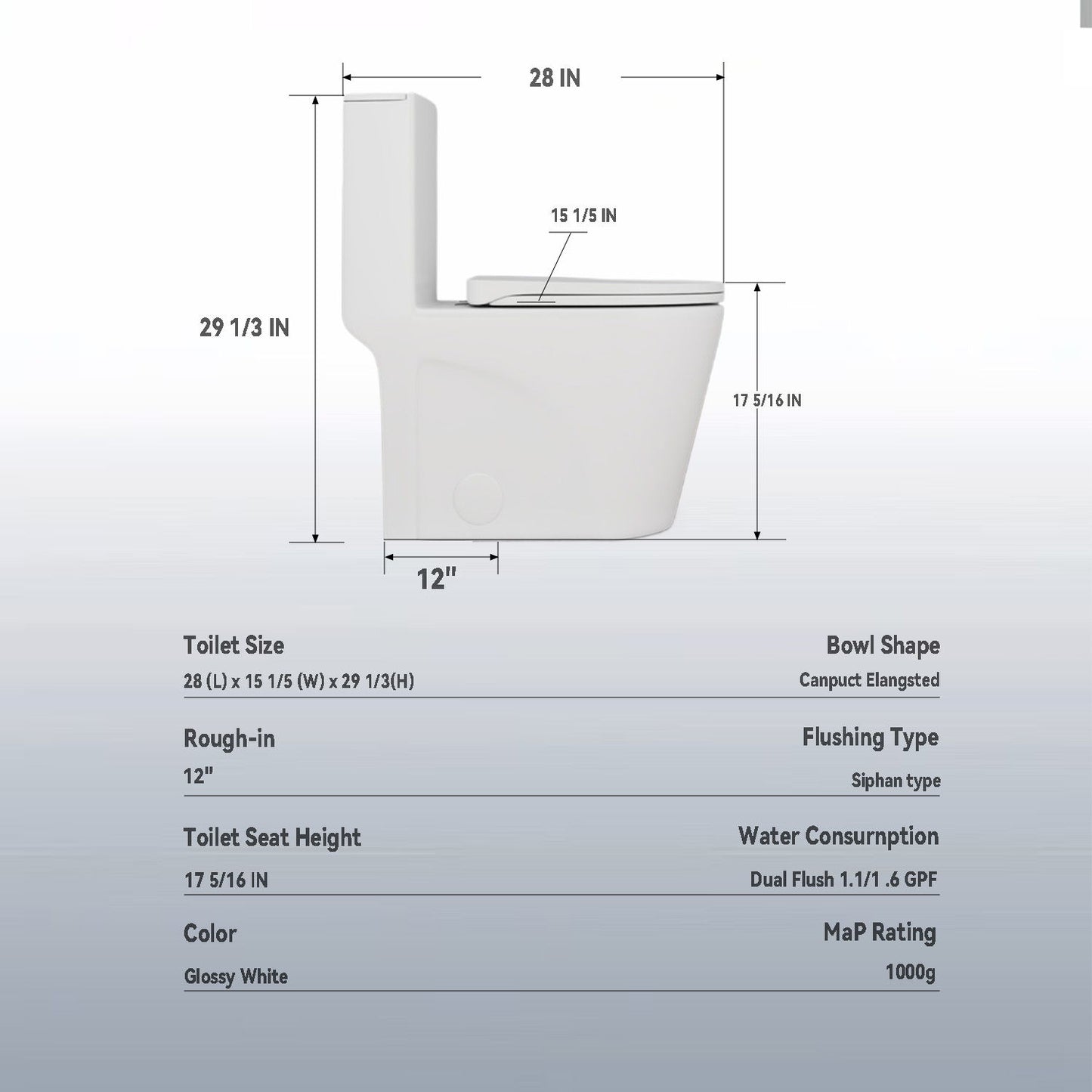 Upgraded Design Armrest, With Glossy Gw 007 1 Piece Toilet With Tornado Flush, Soft Close Seat, Dual Flush Map 1000G, Comfort Chair Seat - Gloss White