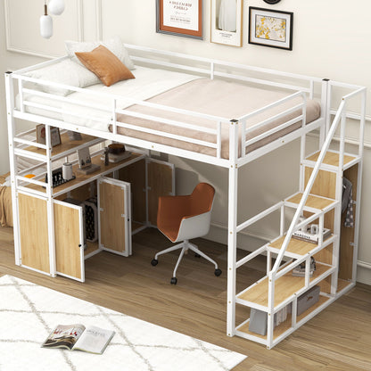 Full Size Loft Bed With Storage Staircase, Wardrobe, Shelves, And Lockers Natural Mdf Details - White / Natural