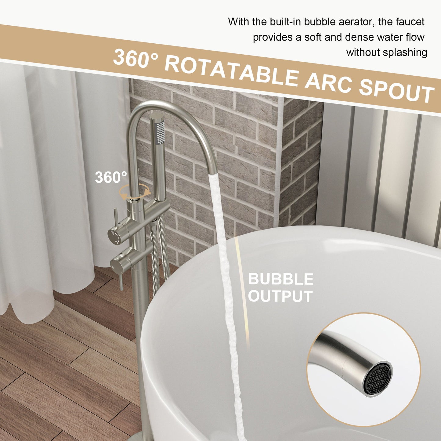 Freestanding Bathtub Faucet Floor Mount Tub Filler With Swivel Gooseneck Spout And Cylinder Handheld