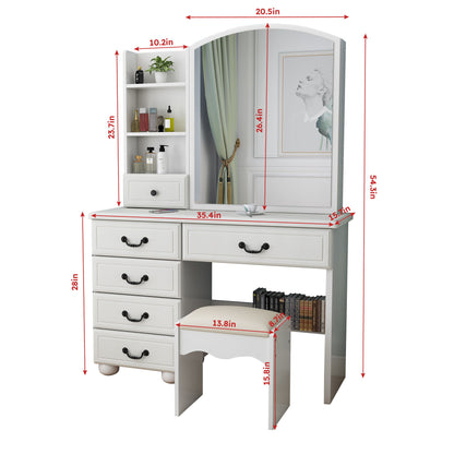Fashion Vanity Desk With Mirror And Adjustable Lighting, 6 Drawers, 3 Color Light Modes - White