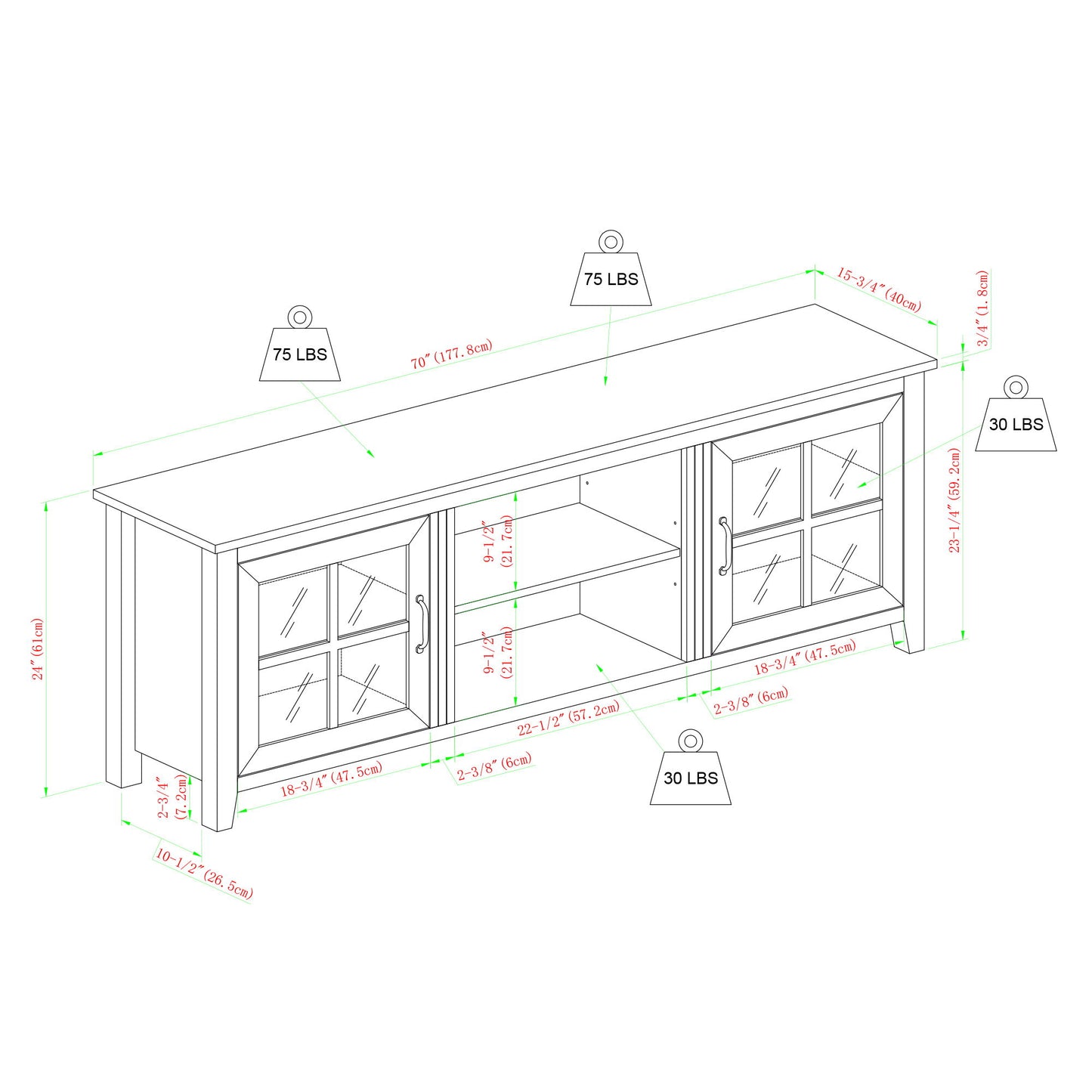 Modern Farmhouse 2 Door Glass Windowpane 70" TV Stand For 80" TVs