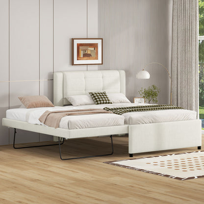 Full Size Upholstered Platform Bed With Adjustable Trundle - Beige