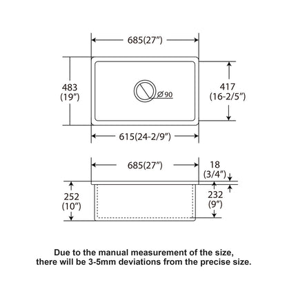 Undermount Single Bowl Ceramic Kitchen Sink, Dual Mount