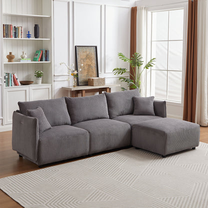 Modern Minimalist Corduroy Combination Sofa With 2 Comfort Cushions With USB & C Charging Ports