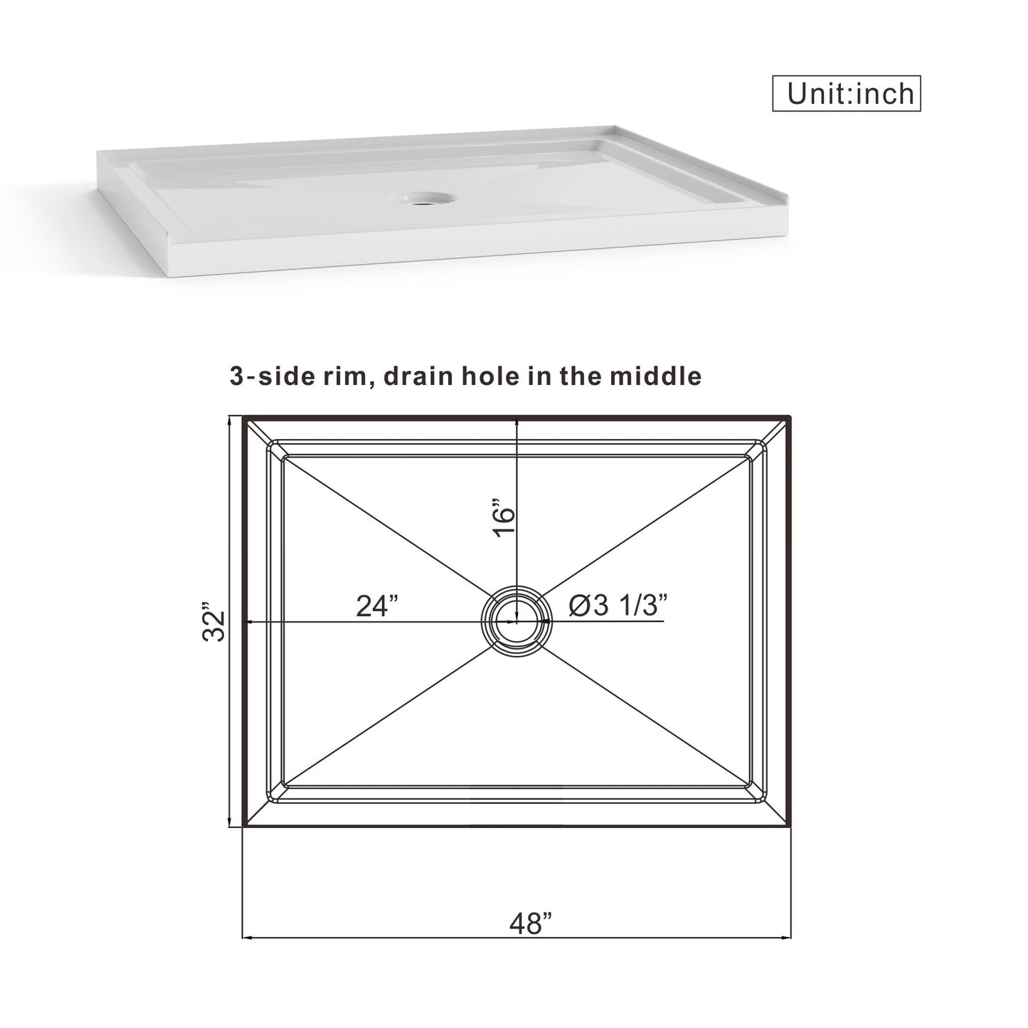 Shower Base Anti Slip Center Drain Single Threshold 32" X 48" - White