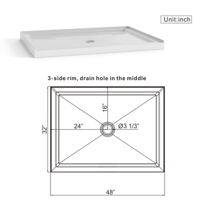 Shower Base Anti Slip Center Drain Single Threshold 32" X 48" - White