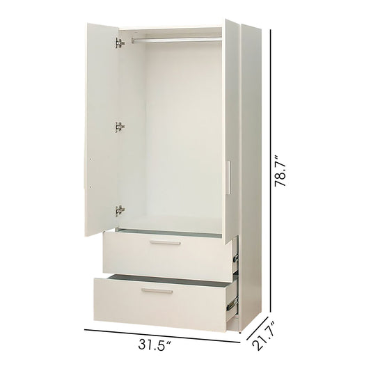 Emma - 2 Door Wood Closet With 2 Drawers And Hanging Bars - White