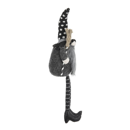 Sitting Gnome With Broomstick & Soft Legs, For Halloween Decor - Black White
