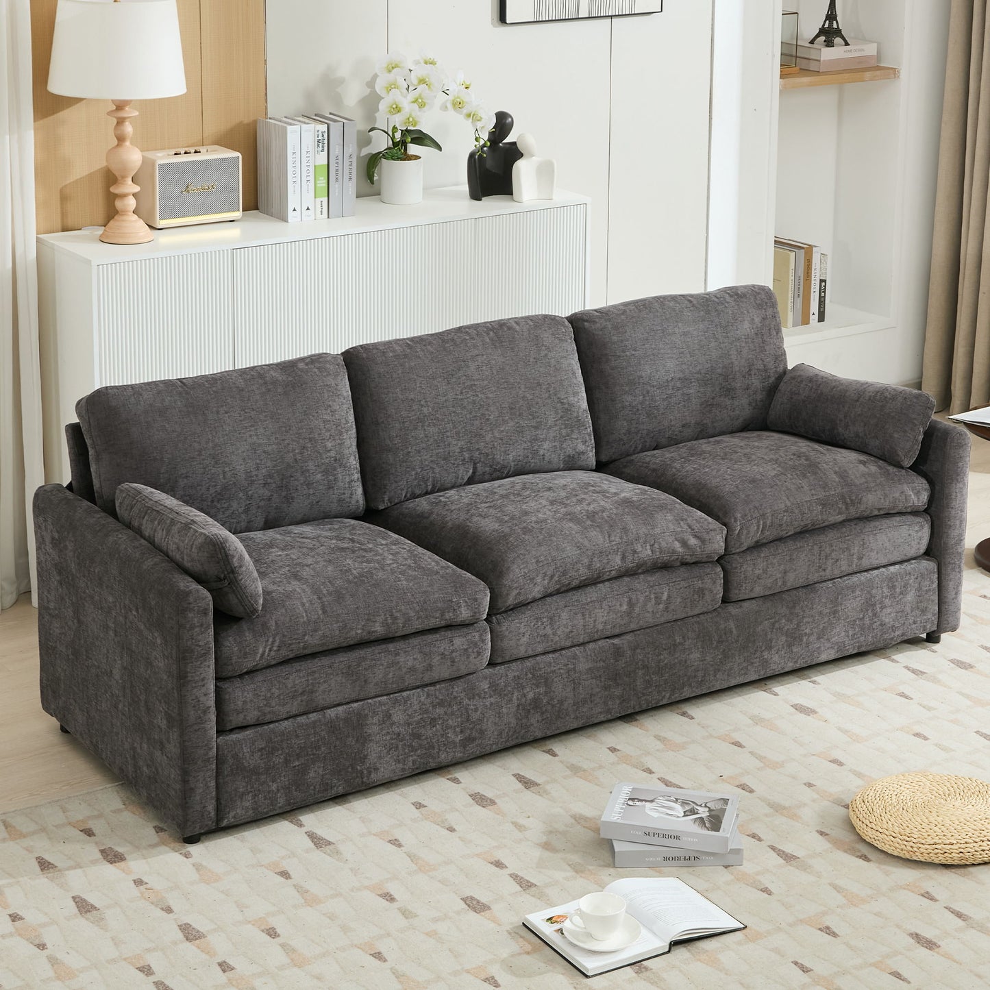 Cozy Upholstered 3 Seater Sofa Plush Cushion For Living Room