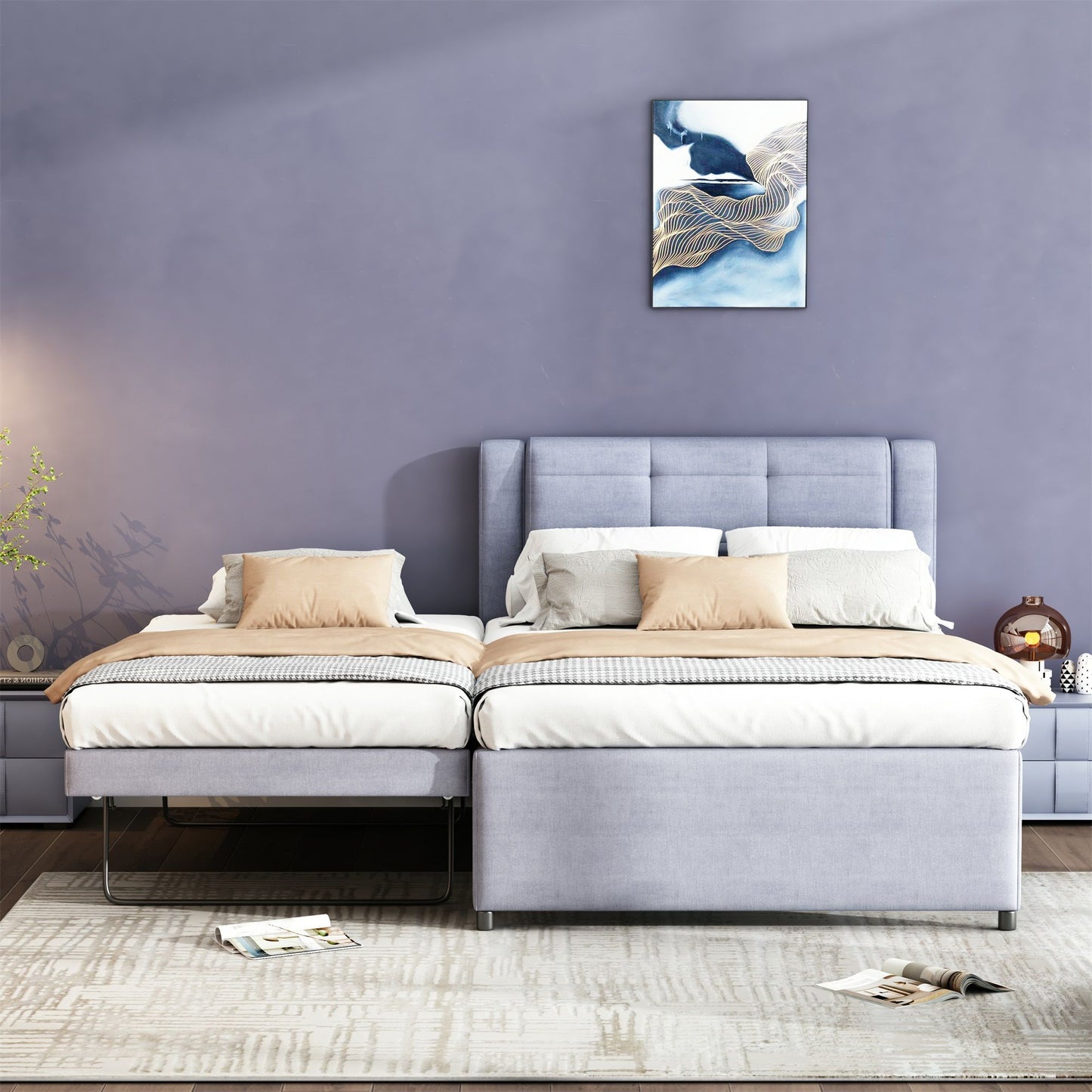 Upholstery Platform Bed With Trundle,Trundle Can Be Flat Or Erected