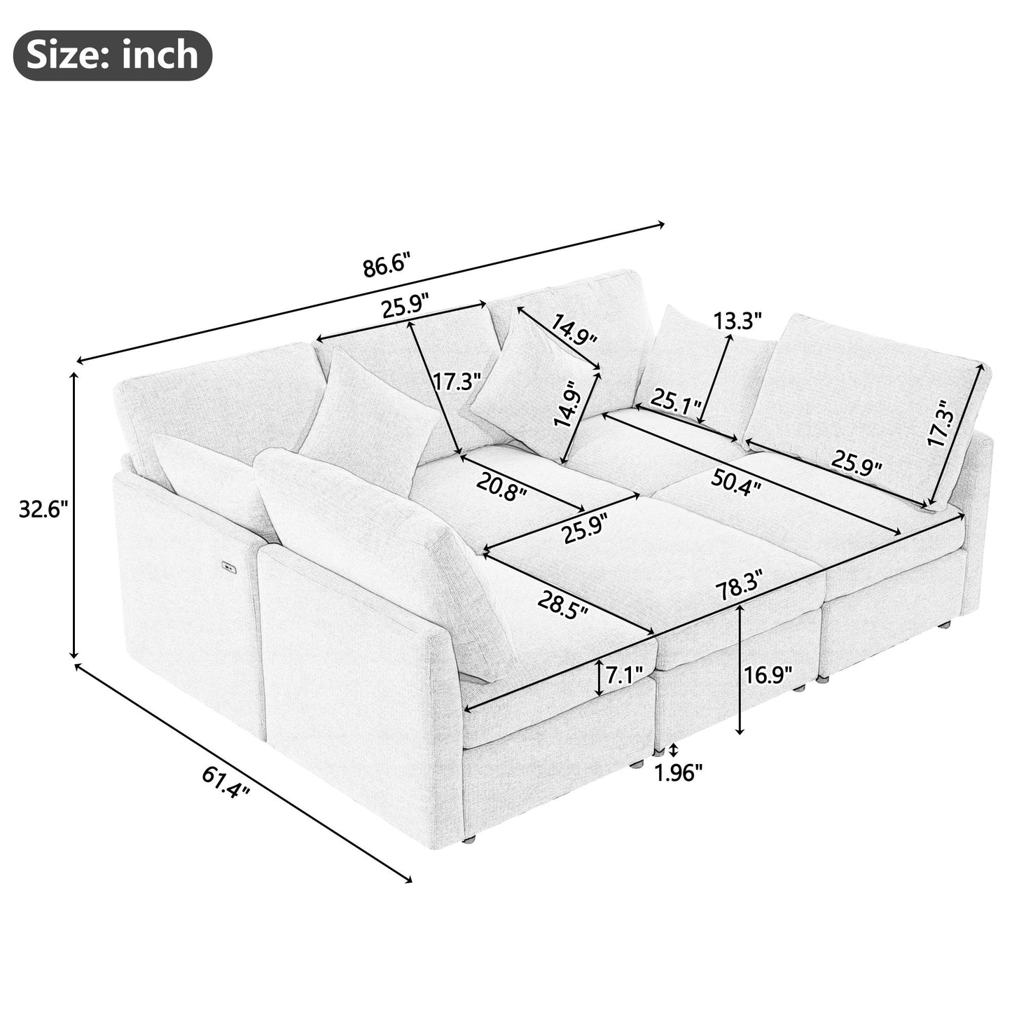 Sectional Sofa Modular U-Shaped With Ottoman & USB Ports