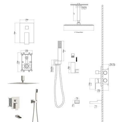 Modern Shower System With Waterfall Tub Spout, 12" Ceiling Mount Square Shower