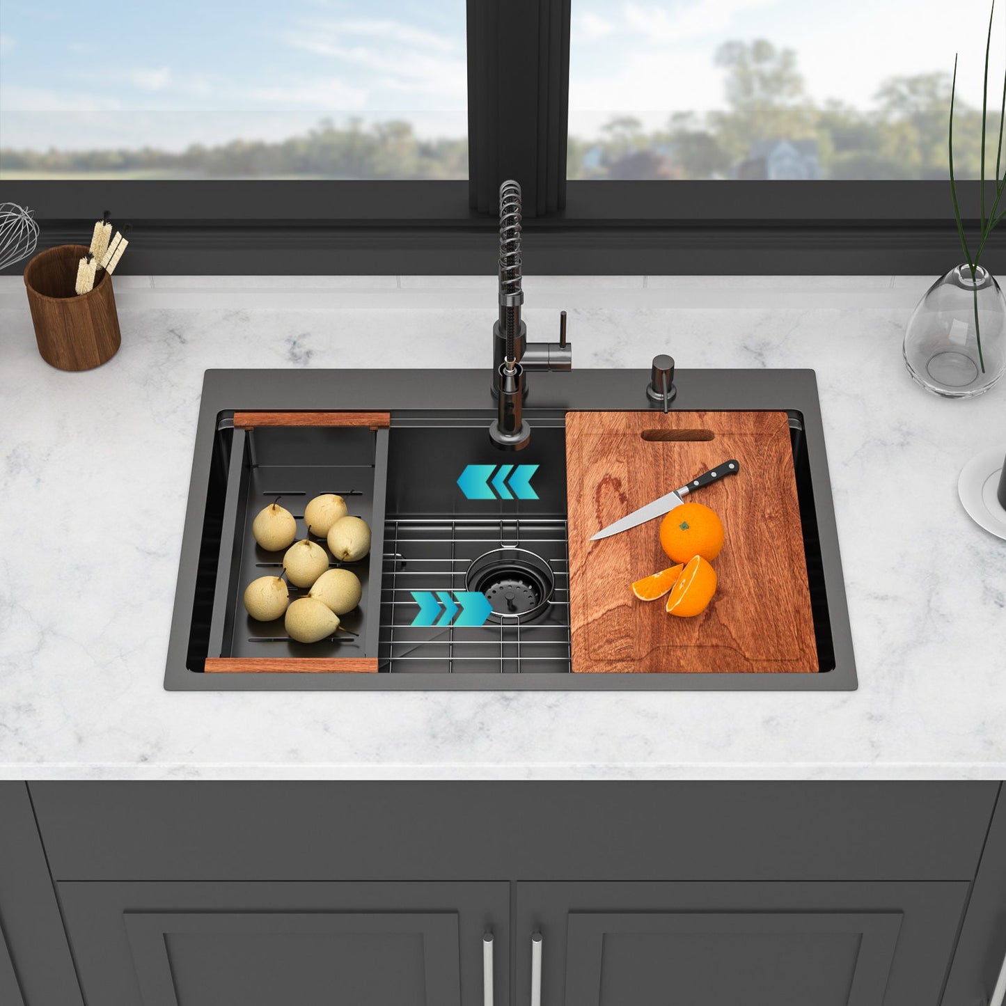 Drop In Kitchen Sink With Pull Out Faucet And Soap Dispenser, Single Bowl Topmount Sink - Gunmetal Black