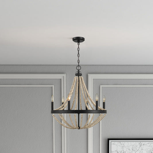 Starry - Chandelier Farmhouse Six Candle Light Wood Beaded Pendant Light For Dining Room - Black / Clear