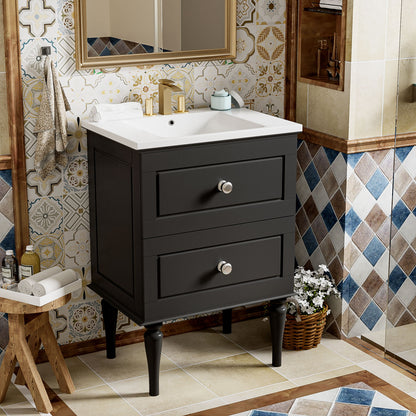 Bathroom Vanity Cabinet With Ceramic Sink Combo Set, Frame Modern Bathroom Storage Cabinet With 2 Drawers - Black