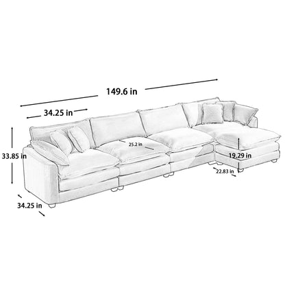Modern Oversized Modular Cushion Sofa With Ottoman, Low Back, Deep Seating Sofa Set