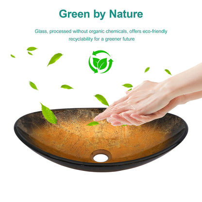 Veined Vessel Sink With Pop Up Drain, Boat Shape Bathroom Sink Above Counter - Gold