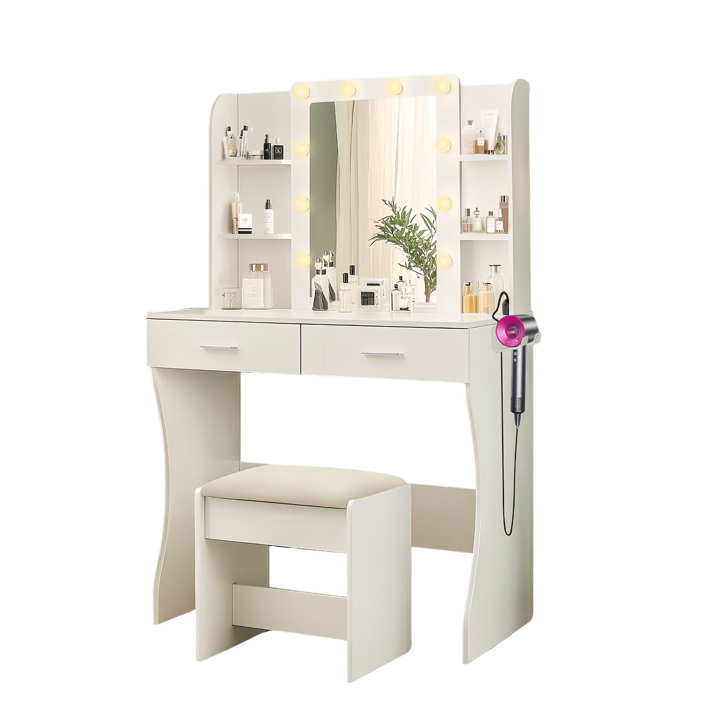 Vanity Desk Set With Mirror & Adjustable Lights Power Outlet And Hair Dryer Rack 2 Drawers And 6 Shelves Includes Cushioned Stool - White