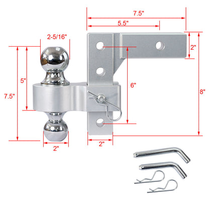 Alu - Adjustable Trailer Drop Hitch With 2" Receiver, 6" Adjustable - Silver