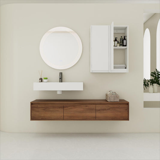 Wall Mounted Bathroom Vanity With Resin Sink And 2 Side Cabinet, 3 Soft Close Drawer - Brown Ebony