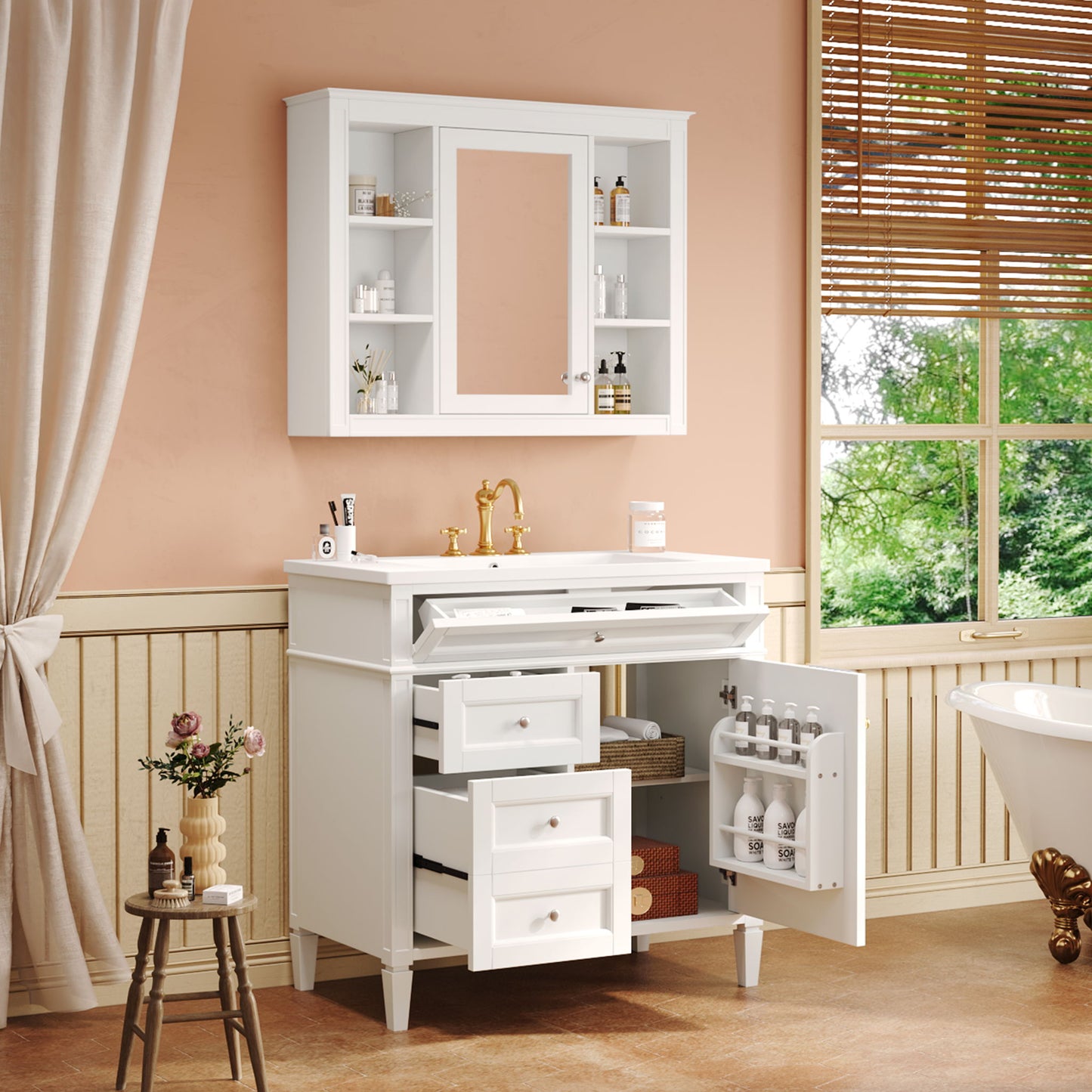 Bathroom Vanity With Mirror Cabinet, Single Sink With 2 Soft Closing Doors And 4 Drawers