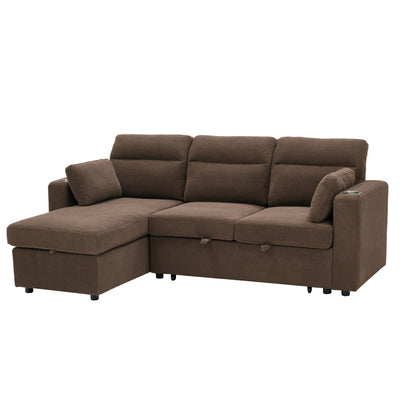 Convertible L - Shaped Sectional Sofa Bed With Storage Chaise, Cup Holders