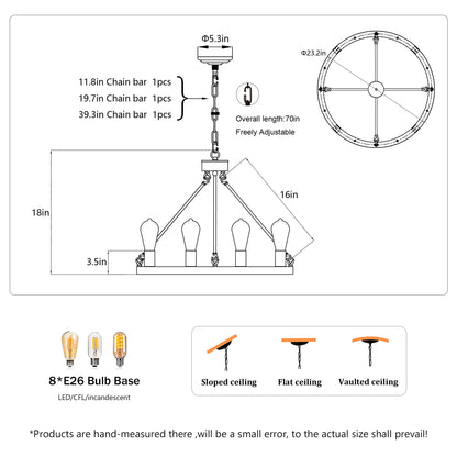 6 Light (No Bulbs) Wagon Wheel Chandelier Farmhouse Modern Small Round Chandelier For Living Room Kitchen Island Foyer Hallway Entryway Bedroom Dining Room Light Fixture Ceiling Hanging - Matte Black