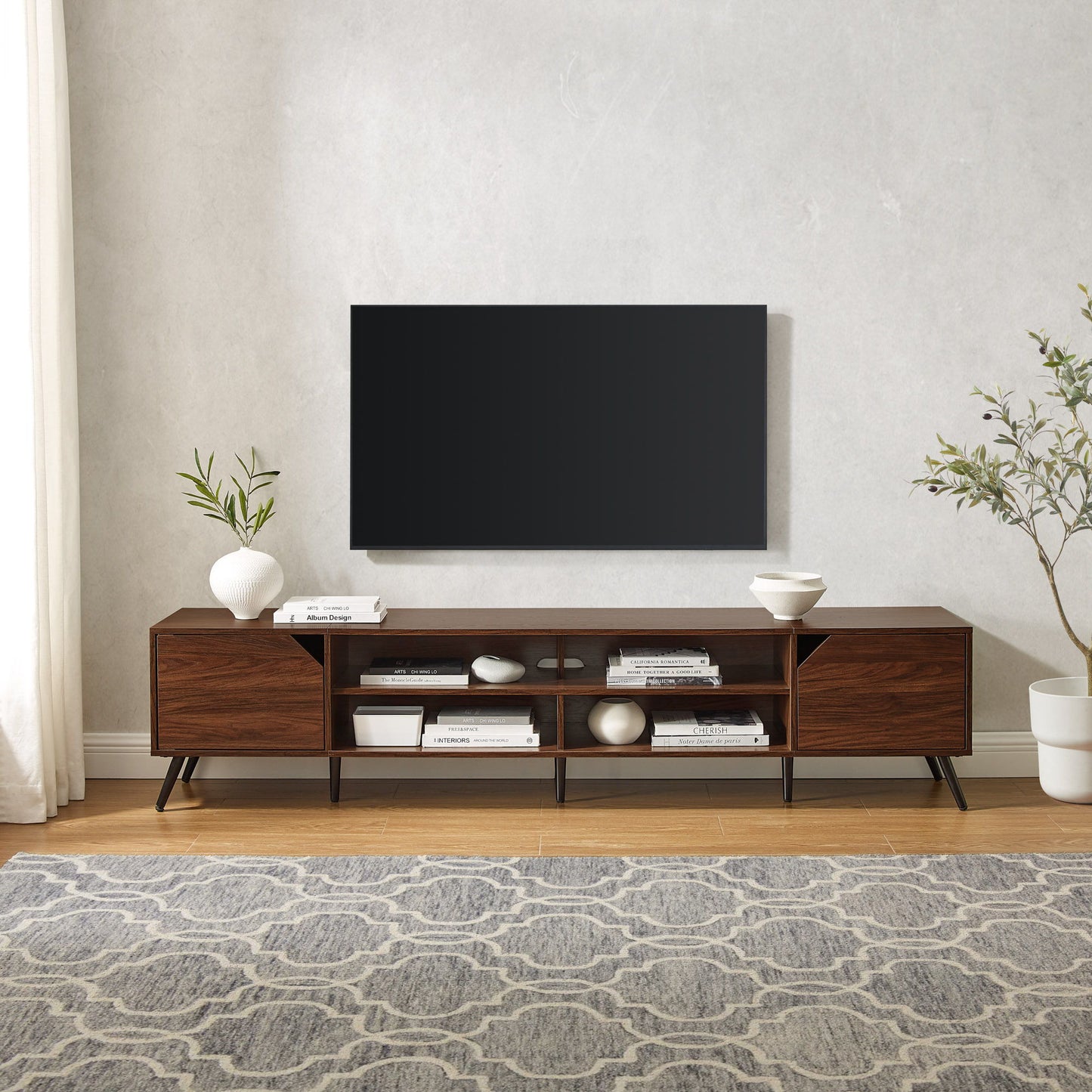 Contemporary 2 Door Minimalist TV Stand For TVs Up To 90" - Dark Walnut