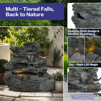 Concrete Rock Waterfall Fountain With LED Lights, Outdoor Garden Decor