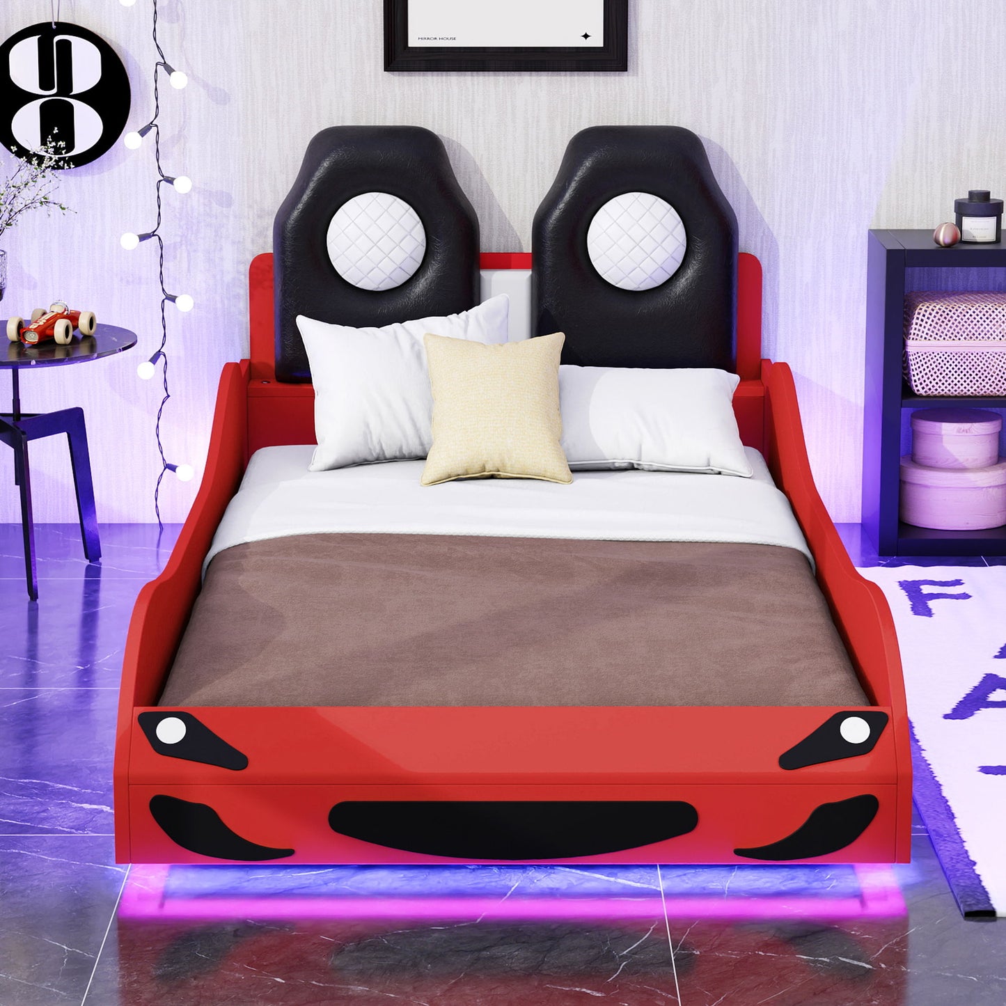 Race Car Shaped Platform Bed With LED And Upholstered Backrest In