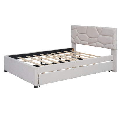 Upholstered Platform Bed With Brick Pattern Headboard And Twin Long Size Trundle