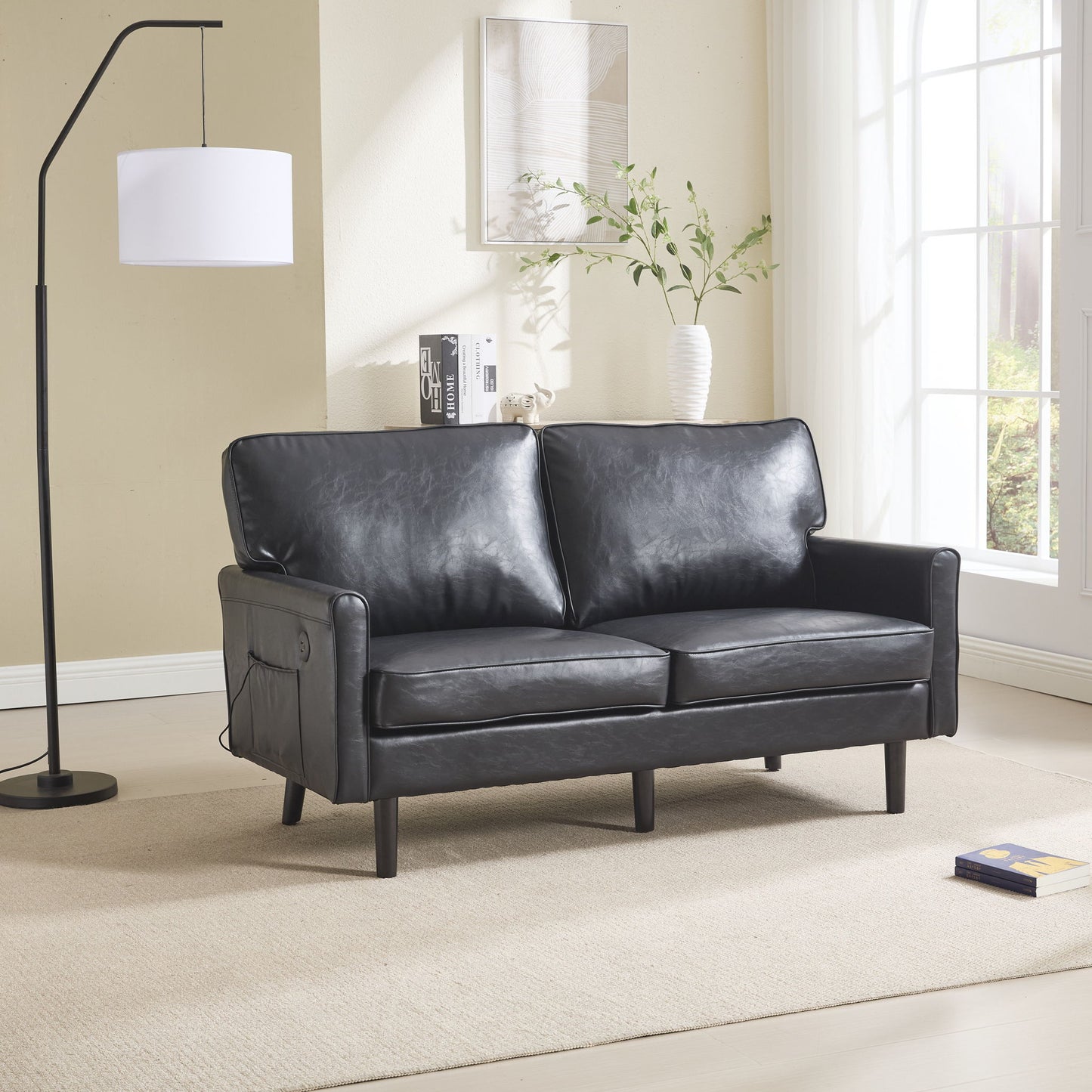 Mid Century Modern Loveseat Sofa With USB Ports, Removable Pillow Cover