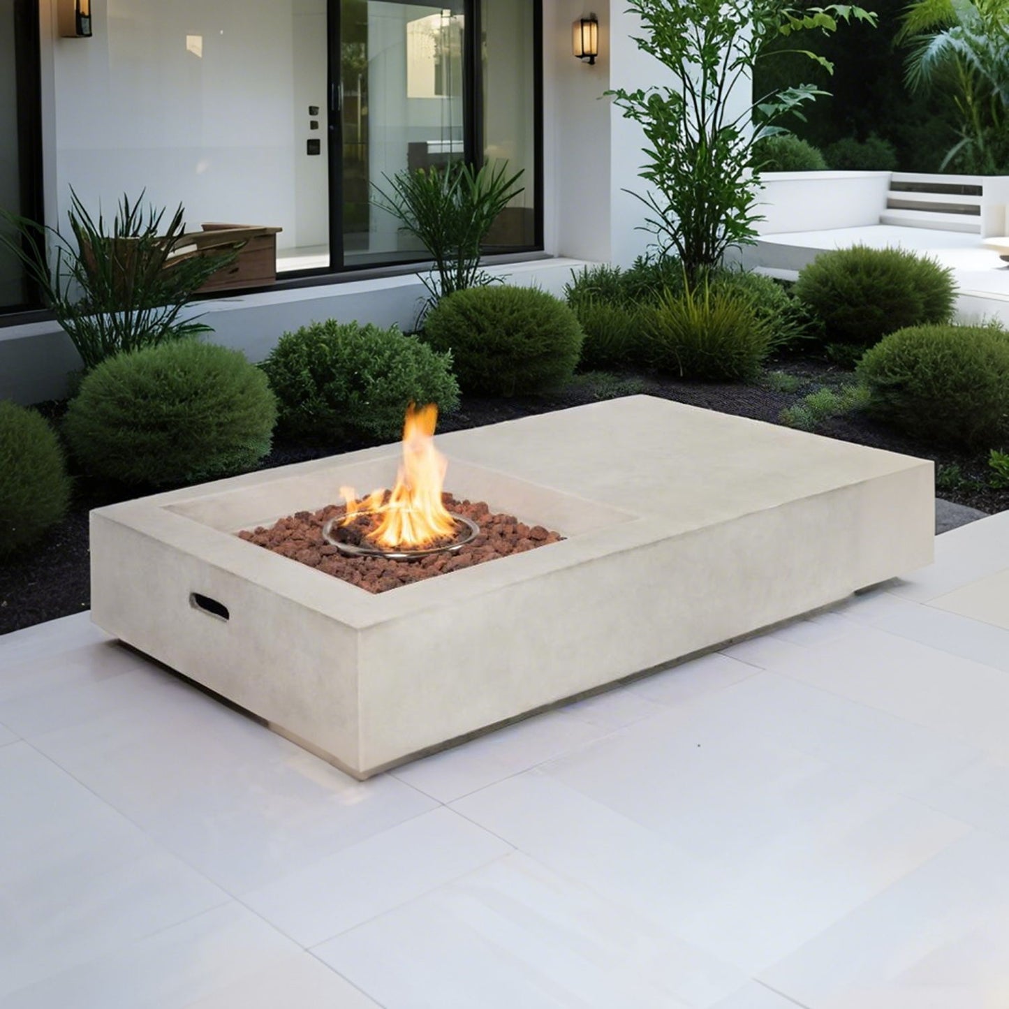 Propane Gas Fire Pit Table, 50000 Btu Rectangular Concrete Fire Pit For Outside Patio Deck Garden Backyard - Light Gray