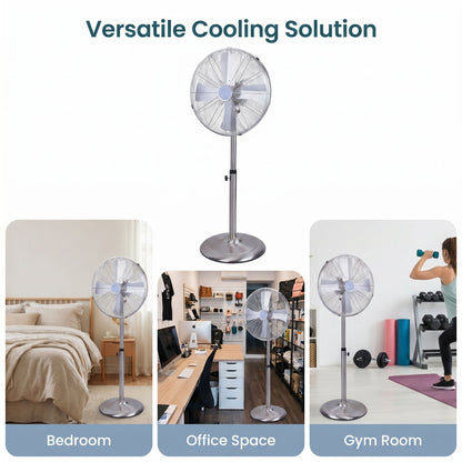 Stand Fan, 4 Blades, Rotary Knob Switch, Oscillation Function, Tilting Angle - Chrome