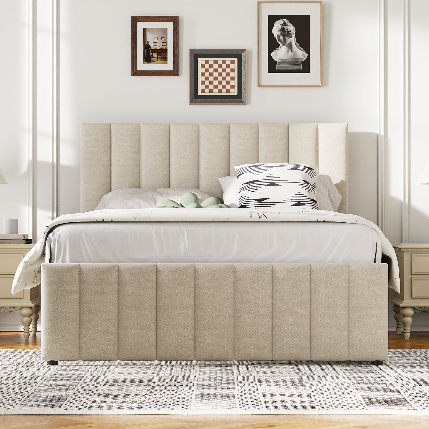 Upholstered Platform Bed With Twin Size Trundle And 3 Drawers